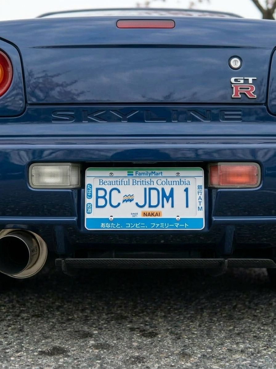 Family Mart license plate frame fitted to the rear BC plate of a blue Nissan Skyline GT-R