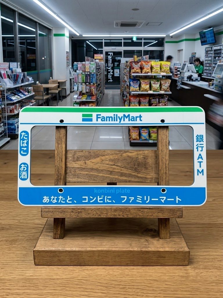 Family Mart license plate frame displayed on a wooden stand inside a konbini